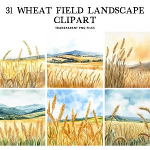 Watercolor Wheat Field Landscape Clipart, Png Bundle, Clip Art Illustration, Farm Design, Countryside, Farmland, Farming, Digital Download