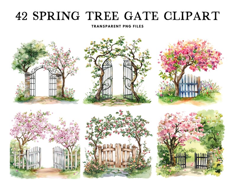 Watercolor Spring Tree Gate Clipart, Png Bundle, Clip Art, Garden Decor ...