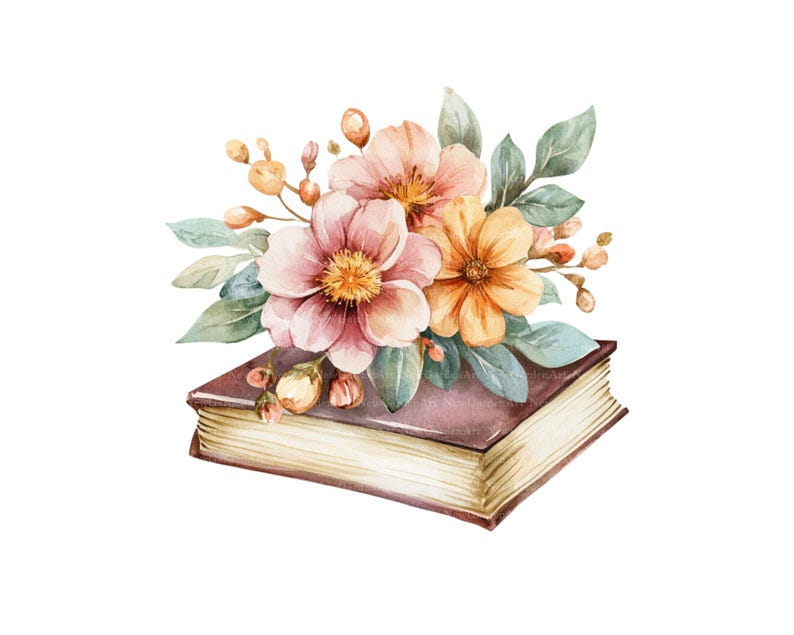May include: A watercolor painting of a bouquet of pink and orange flowers on top of a closed book. The book has a brown cover and yellowed pages.