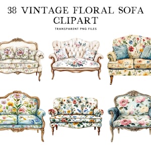 Aquarell Boho Sofa Clipart, Png-Bundle, Clip Art, Blumenillustrationen, Blumendesign, Vintage, Antik, Möbel, gemütlich, Wohnzimmer