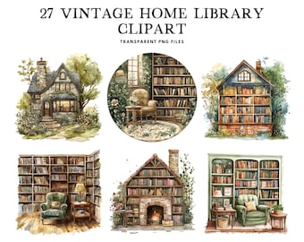 Watercolor Vintage Home Library Clipart, Png Bundle, Clip Art Illustration, Reading Room Design, Bookcase, Bookshelf, Book, Cozy Decor
