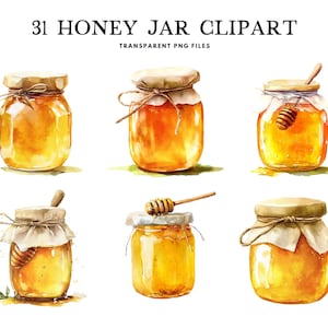 Op de afbeelding: Waterverfillustratie van zes honingpotten met deksels en touw. Sommige potten hebben houten honinglepels. De potten zijn gevuld met gouden honing en staan op een witte achtergrond. De tekst "31 HONEY JAR CLIPART" staat bovenaan.