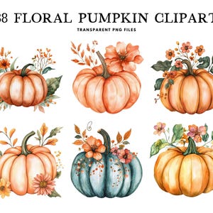 Watercolor Floral Pumpkin Clipart, Png Bundle, Clip Art, Flower Illustration, Fall Design, Autumn Decor Free Commercial Use Digital Download