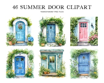 Aquarell Sommer Tür Clipart, Png-Bundle, Clip Art Illustration, Gartengestaltung, Haus, freie kommerzielle Nutzung, sofortiger digitaler Download