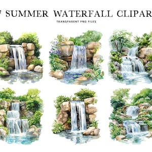 Watercolor Summer Waterfall Clipart, Png Bundle, Clip Art, Landscape Illustration, Design, Nature, Commercial Use, Instant Digital Download