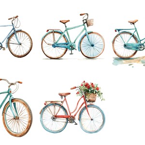 May include: Watercolor illustration of five bicycles in various colors. The bikes have brown seats and handlebars, with light blue or red frames and wheels. Some bikes have baskets, and one has a basket filled with red flowers.