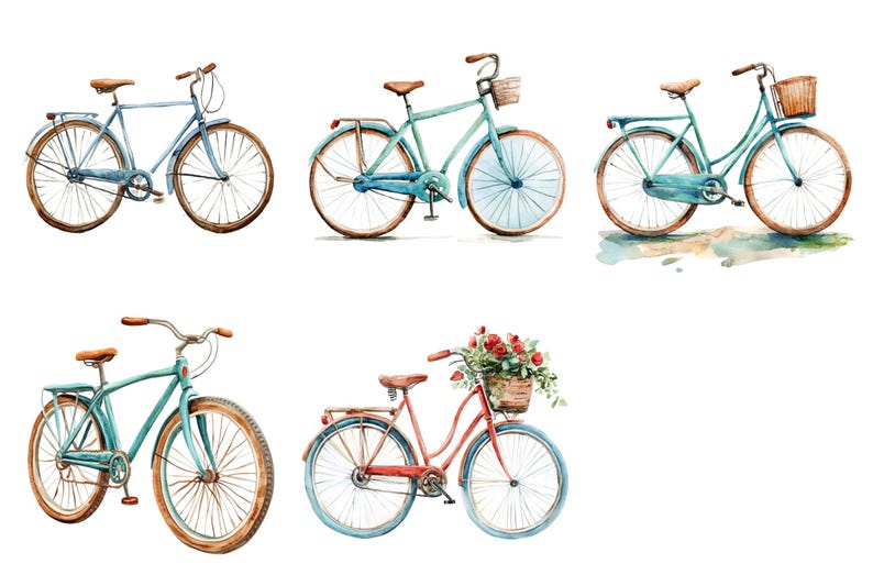 May include: Watercolor illustration of five bicycles in various colors. The bikes have brown seats and handlebars, with light blue or red frames and wheels. Some bikes have baskets, and one has a basket filled with red flowers.