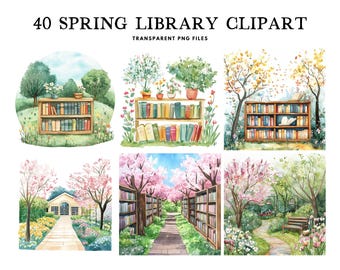 Akwarela Wiosna Biblioteka Clipart, Png Bundle, Clip Art, Ilustracja, Projekt Książki, Bibliotekarz, Półka na Książki, Regał na Książki, Czytanie, Dekoracja