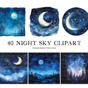 Paquete de imágenes prediseñadas de cielo nocturno en acuarela, cielo nocturno en formato PNG, imágenes prediseñadas de luna, ilustración de estrella, diseño celestial, crepúsculo, descarga digital instantánea