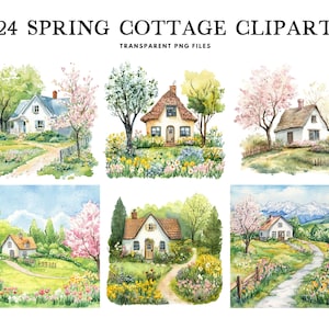 Watercolor Spring Cottage Clipart, Png Bundle, Clip Art, Illustration, House Design, Home, Free Commercial Use, Instant Digital Download