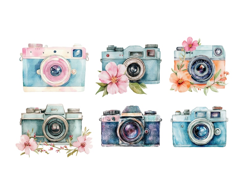 Watercolor Camera Clipart Bundle, Camera Png, Vintage Camera Clip Art, Retro Camera Illustration, Photography Design, Photographer image 6