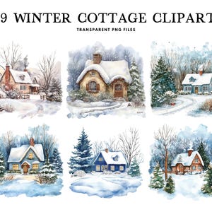Cabaña de invierno en acuarela, paquete PNG, ilustración prediseñada, diseño de casa, hogar, uso comercial gratuito, descarga digital instantánea