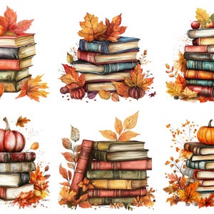 May include: Watercolour illustrations of stacks of books decorated with autumn leaves, pumpkins, and apples. The books have various coloured spines, including red, green, and brown. The overall theme is autumn and harvest.