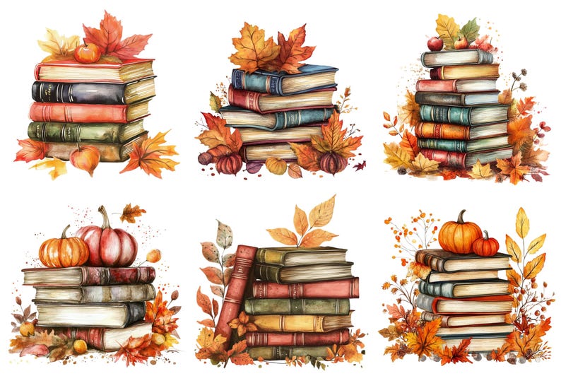May include: Watercolour illustrations of stacks of books decorated with autumn leaves, pumpkins, and apples. The books have various coloured spines, including red, green, and brown. The overall theme is autumn and harvest.