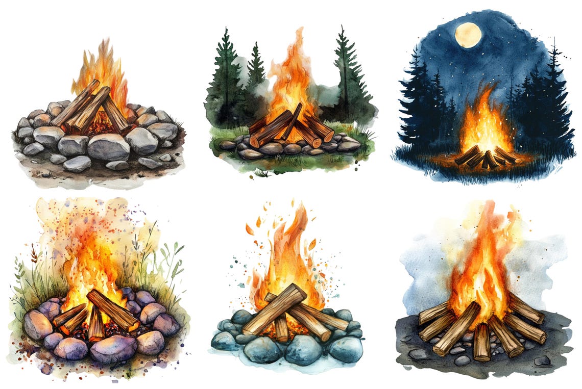 Watercolor Campfire Clipart, Campfire Png Bundle, Camping Clip Art ...
