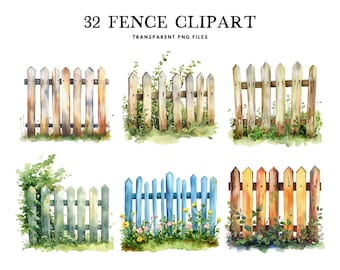 Watercolor Fence Clipart, Fence Png Bundle, Garden Clip Art, Garden Fence Illustration, Wooden Fence Design, Country, Farmhouse