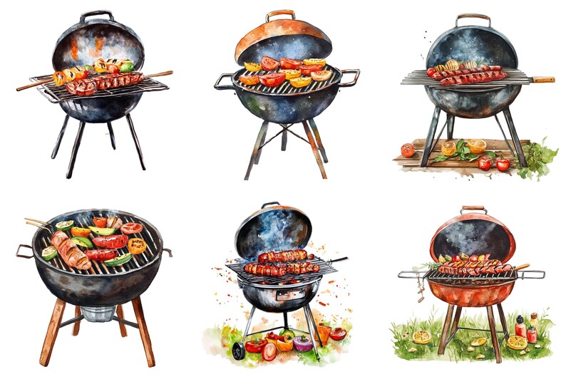 Watercolor Bbq Grill Clipart, Bbq Grill Png Bundle, Bbq Clip Art, Grill ...