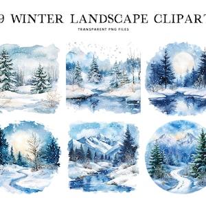 Watercolor Winter Landscape Clipart Bundle, Winter Png, Winter Clip Art, Snowy Illustration, Scenery Design, Snow Scene, Forest, Nature