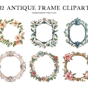 Watercolor Antique Frame Clipart, Antique Frame Png Bundle, Clip Art, Vintage Illustration, Elegant Design, Ornate, Retro, Digital Download