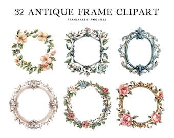 Watercolor Antique Frame Clipart, Antique Frame Png Bundle, Clip Art, Vintage Illustration, Elegant Design, Ornate, Retro, Digital Download