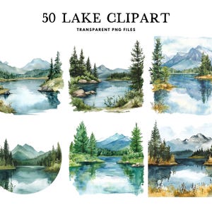 Watercolor Lake Clipart, Png Bundle, Landscape Clip Art, Illustration, Lakeside Design, Nature, Free Commercial Use Instant Digital Download