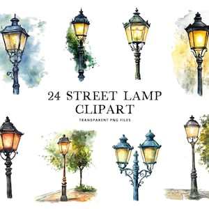 Watercolor Street Lamp Clipart Bundle, Street Lamp Png, Vintage Lamp Clip Art, Retro Lamp Illustration, Antique Lamp Design, Urban Lamp