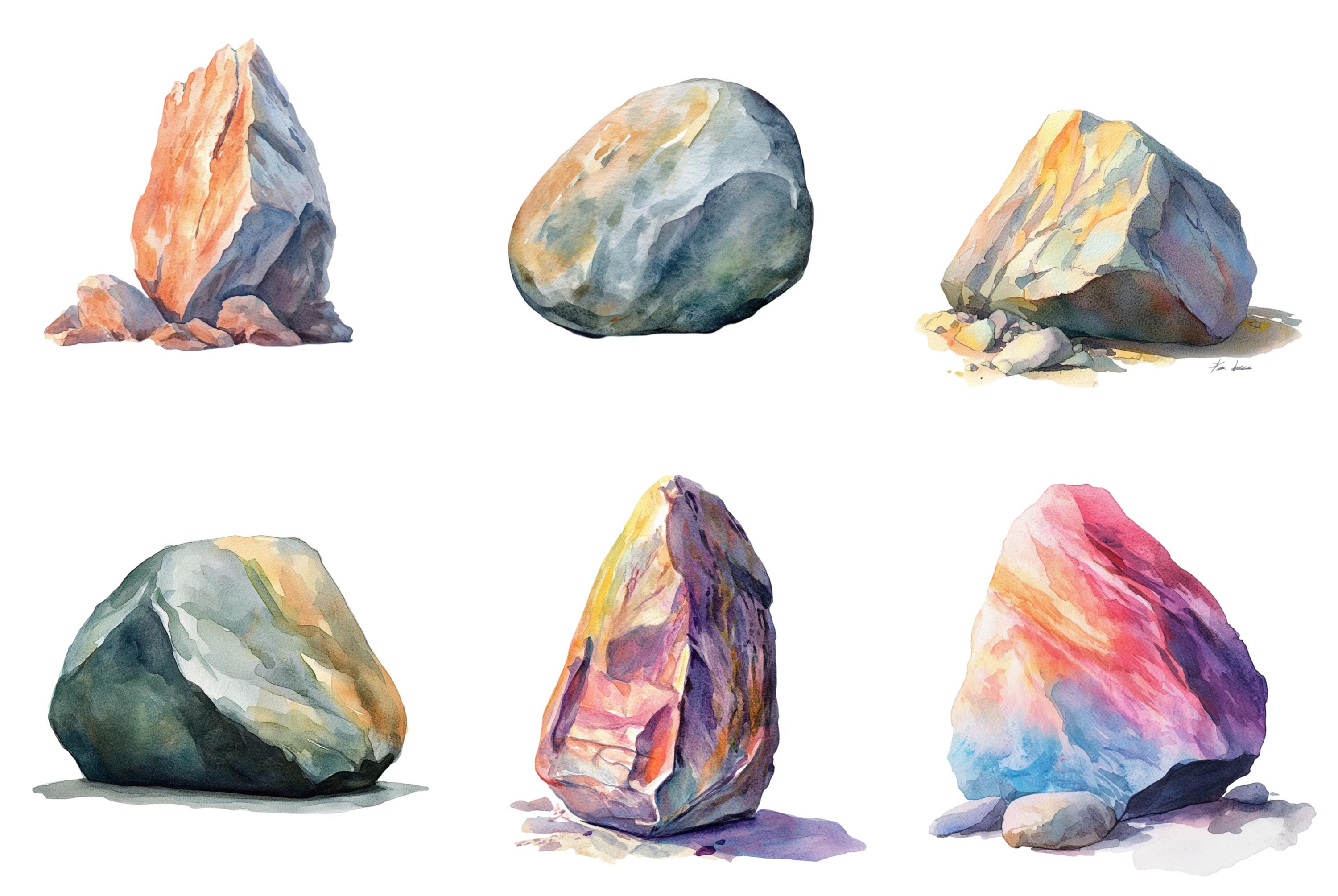Watercolor Rock Clipart, Rock Png Bundle, Stone Clip Art, Illustration ...