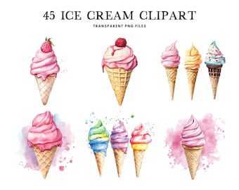 Watercolor Ice Cream Clipart, Png Bundle, Dessert Clip Art, Summer Illustration, Design, Free Commercial Use, Instant Digital Download
