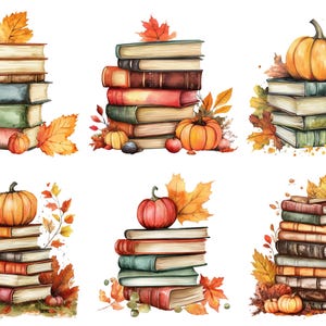 May include: Watercolour illustrations of stacks of books with pumpkins and autumn leaves. The books are in various colours, including green, brown, and red. The pumpkins are orange and red, and the leaves are yellow and orange.