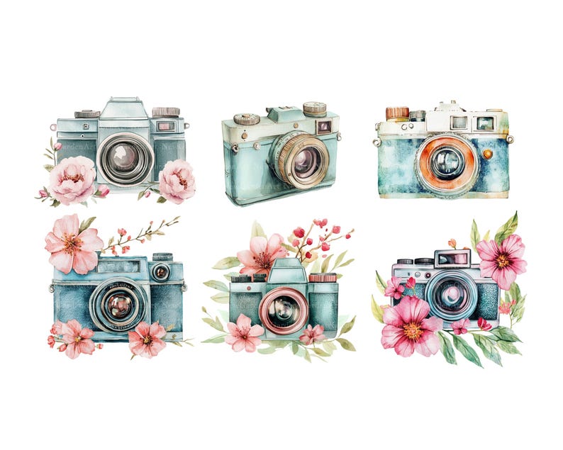 Watercolor Camera Clipart Bundle, Camera Png, Vintage Camera Clip Art, Retro Camera Illustration, Photography Design, Photographer image 5
