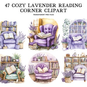 Watercolor Cozy Lavender Reading Corner Clipart Bundle, Png, Clip Art, Nook Illustration, Design, Lavender Decor, Living Room, Home Decor