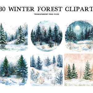Watercolor Winter Forest Clipart Bundle, Winter Forest Png, Winter Landscape Clip Art, Illustration, Snowy Design, Woodland, Nature, Scenery