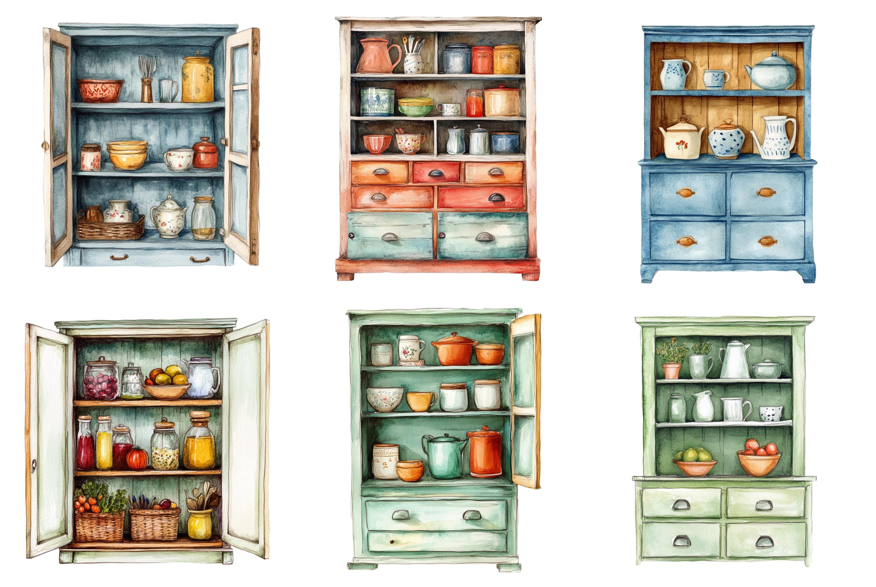 Watercolor Cupboard Clipart Bundle, Cupboard Png, Kitchen Clip Art ...