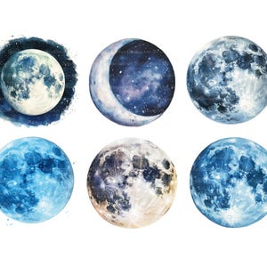 May include: Six watercolor paintings of the moon in different phases. The moon is depicted in shades of blue and white, with a starry background.