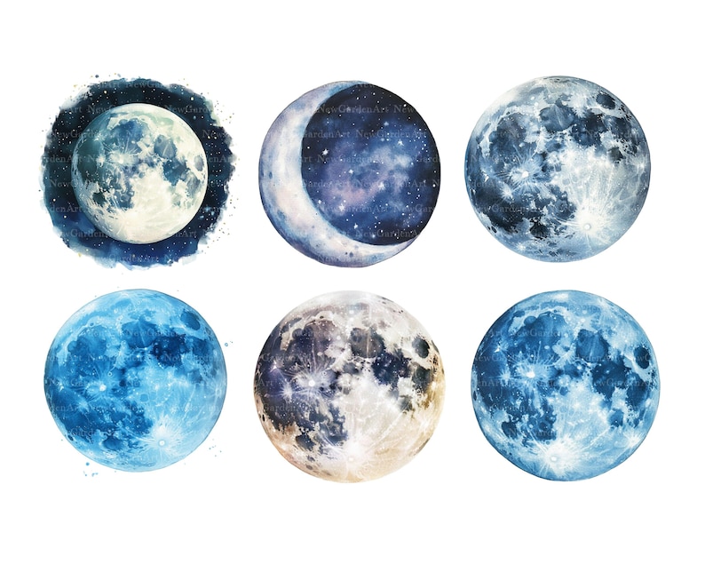 May include: Six watercolor paintings of the moon in different phases. The moon is depicted in shades of blue and white, with a starry background.