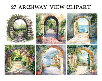 水彩画のアーチ道の景色のクリップアート、Png バンドル、クリップアート、アーチのイラスト、石のデザインの庭の装飾シーンのアーチ道の風景のデジタルダウンロード