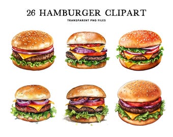 Aquarel hamburger clipart, png-bundel, fastfood-illustraties, cheeseburger illustratie, hamburger minnaar ontwerp, instant digitale download