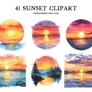Watercolor Sunset Clipart, Png Bundle, Landscape Clip Art, Illustration, Scene Design, Nature, Free Commercial Use, Instant Digital Download