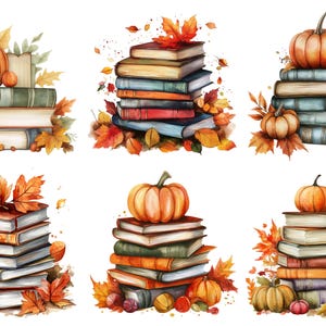 May include: Watercolour illustration of stacks of books with pumpkins and autumn leaves. The books are in various colours, with orange pumpkins and fall foliage. A seasonal, autumn-themed design.