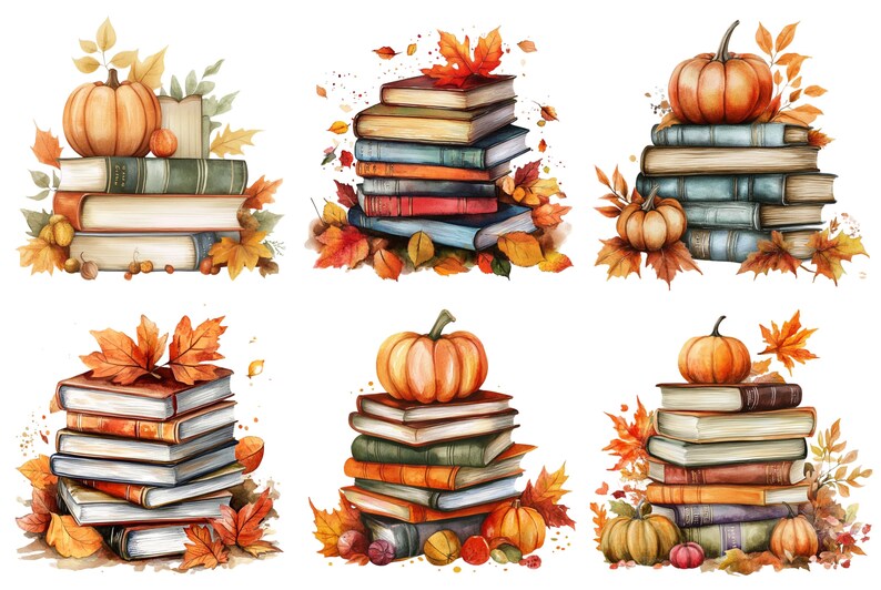 May include: Watercolour illustration of stacks of books with pumpkins and autumn leaves. The books are in various colours, with orange pumpkins and fall foliage. A seasonal, autumn-themed design.