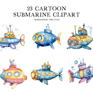 Watercolor Cartoon Submarine Clipart, Png Bundle, Submarine Clip Art, Cute Illustration, Toy Design, Kid, Nautical, Underwater Vessel, Sea