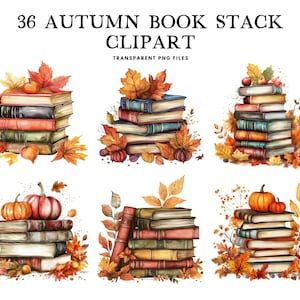 May include: Watercolor clipart featuring stacks of books adorned with autumn leaves, pumpkins, and apples. The image includes the text "36 Autumn Book Stack Clipart" and "Transparent PNG Files".