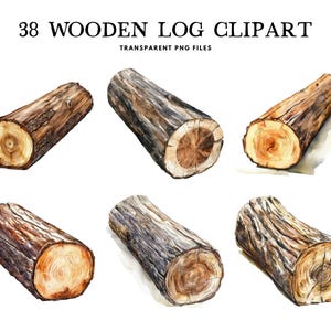 May include: A set of six watercolour illustrations of wooden logs. The logs are various shades of brown and grey, with visible wood grain and knots. The logs are arranged in a staggered pattern, with the ends of the logs facing the viewer.