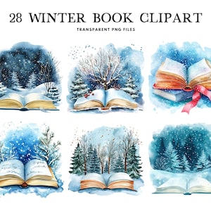 May include: A set of 28 watercolor illustrations of open books with winter scenes. The books are surrounded by snow, trees, and snowflakes. The illustrations are perfect for adding a touch of winter magic to your projects.