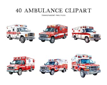 Watercolor Ambulance Clipart, Ambulance Png Bundle, Emergency Clip Art, Hospital Illustration, Healthcare Design, Medical, Digital Download