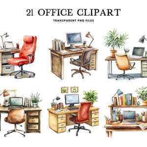 Może przedstawiać: Klipart akwarelowy z 21 scenami biurowymi z biurkami, krzesłami, komputerami i roślinami. Tekst "21 OFFICE CLIPART" i "TRANSPARENT PNG FILES" znajduje się na górze. Każda scena to akwarelowa ilustracja.