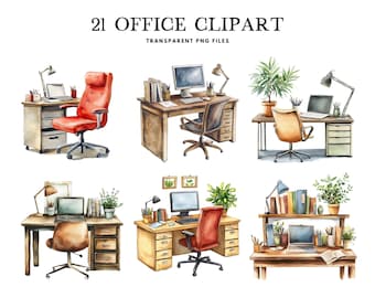Watercolor Office Clipart, Png Bundle, Landscape Clip Art, Workspace Illustration, Desk Design, Work, Free Commercial Use, Digital Download