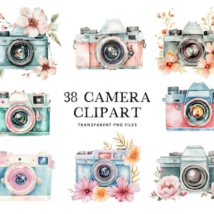 Watercolor Camera Clipart Bundle, Camera Png, Vintage Camera Clip Art, Retro Camera Illustration, Photography Design, Photographer