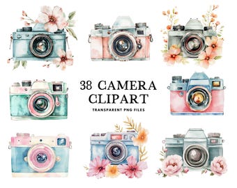 Watercolor Camera Clipart Bundle, Camera Png, Vintage Camera Clip Art, Retro Camera Illustration, Photography Design, Photographer