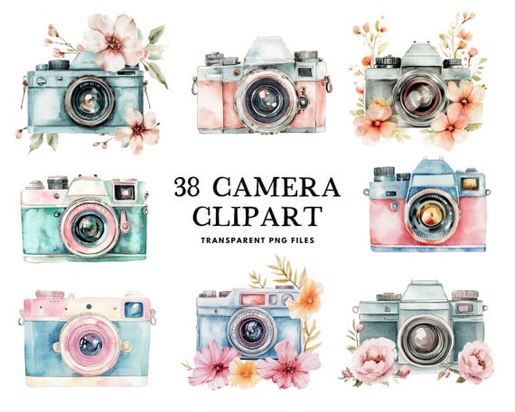 Watercolor Camera Clipart Bundle, Camera Png, Vintage Camera Clip Art, Retro Camera Illustration, Photography Design, Photographer